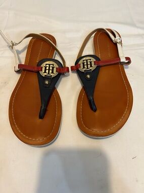 Tommy Hilfiger Tan Leather T-Strap Sandals with Navy & Red Accents